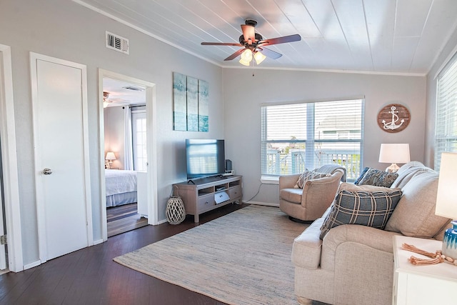 16519 Mansvelt Rd, Jamaica Beach, TX 77554 - living area featuring visible vents, ceiling fan, ornamental molding, and dark wood-type flooring