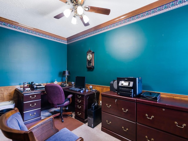 16707 Rugby Ct, Spring, TX 77379 - office area featuring a wainscoted wall, ceiling fan, ornamental molding, carpet, and wooden walls