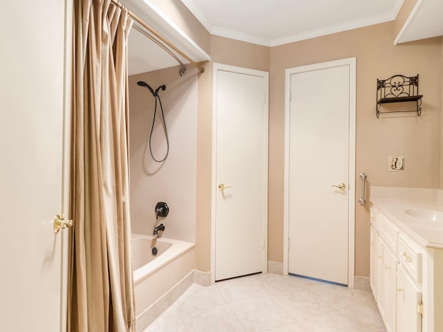 16707 Rugby Ct, Spring, TX 77379 - full bath featuring shower / bath combination with curtain, vanity, tile patterned floors, ornamental molding, and baseboards