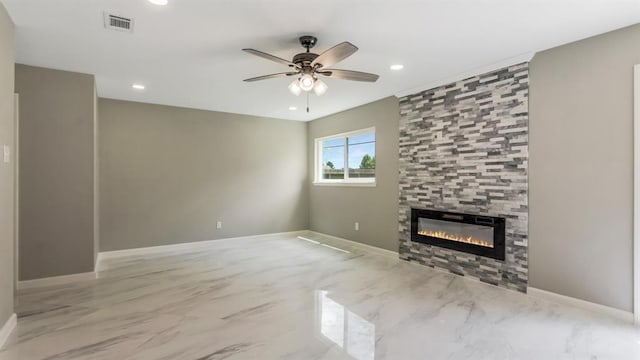 unfurnished living room featuring visible vents, marble finish floor, ceiling fan, recessed lighting, and a tiled fireplace