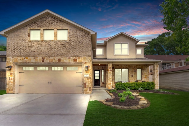 97 La Costa Dr, Montgomery, TX 77356 - view of front of house featuring stone siding, driveway, a lawn, and stucco siding
