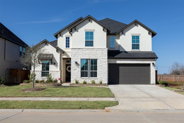 view of front of property with stone siding, fence, and stucco siding
