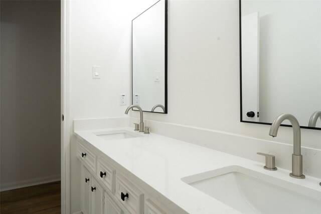 18007 Ravenfield Dr, Houston, TX 77084 - full bathroom with double vanity, wood finished floors, and a sink