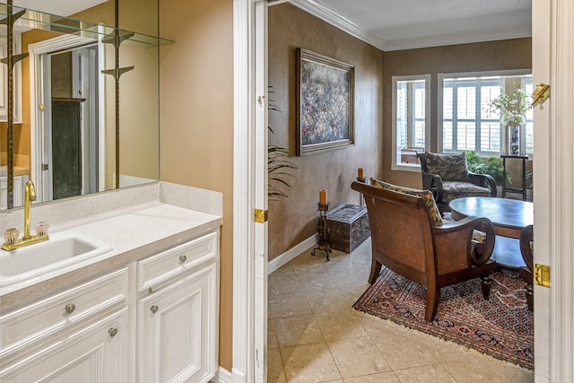 2926 Deer Creek Dr, Sugar Land, TX 77478 - bathroom featuring crown molding, baseboards, vanity, and tile patterned flooring
