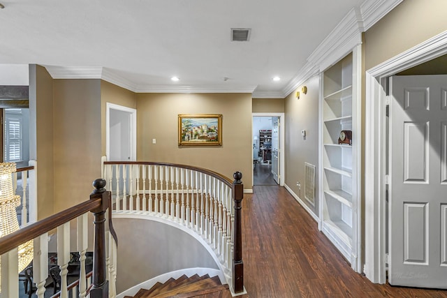 2926 Deer Creek Dr, Sugar Land, TX 77478 - corridor with an upstairs landing, wood finished floors, built in features, baseboards, and crown molding