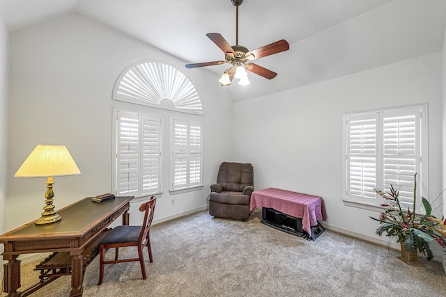 2926 Deer Creek Dr, Sugar Land, TX 77478 - office space with lofted ceiling, carpet, a ceiling fan, plenty of natural light, and baseboards