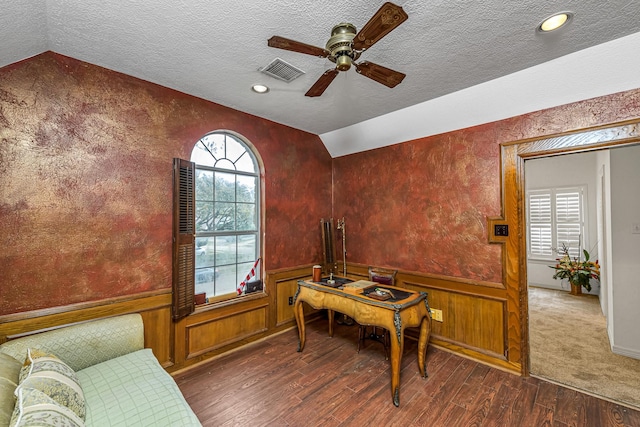 2926 Deer Creek Dr, Sugar Land, TX 77478 - home office with wood finished floors, a textured ceiling, ceiling fan, lofted ceiling, and a wainscoted wall