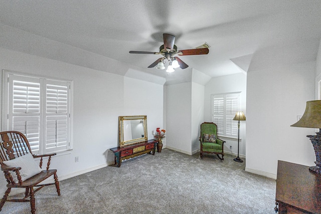 2926 Deer Creek Dr, Sugar Land, TX 77478 - sitting room featuring carpet, ceiling fan, vaulted ceiling, and baseboards