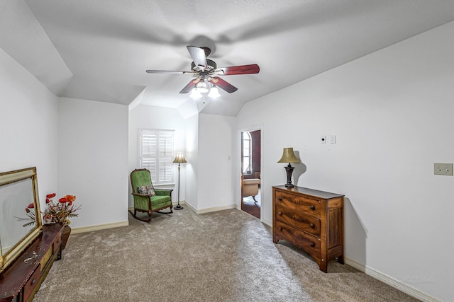 2926 Deer Creek Dr, Sugar Land, TX 77478 - sitting room with ceiling fan, carpet, lofted ceiling, and baseboards