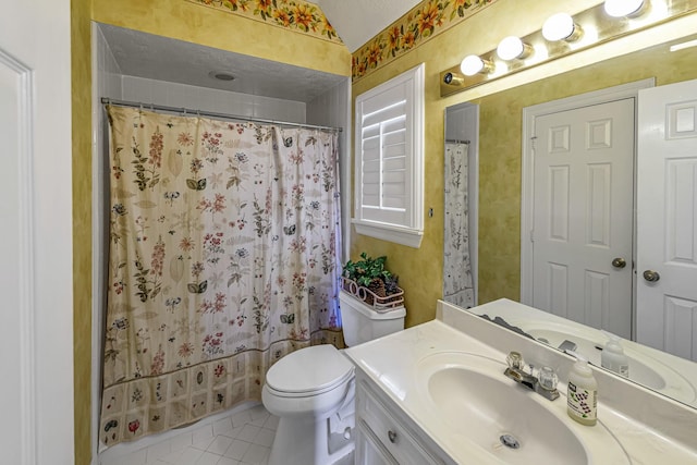 2926 Deer Creek Dr, Sugar Land, TX 77478 - bathroom featuring vanity, tile patterned flooring, toilet, and curtained shower