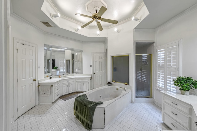 2926 Deer Creek Dr, Sugar Land, TX 77478 - bathroom with crown molding, tile patterned flooring, a stall shower, vanity, and a ceiling fan