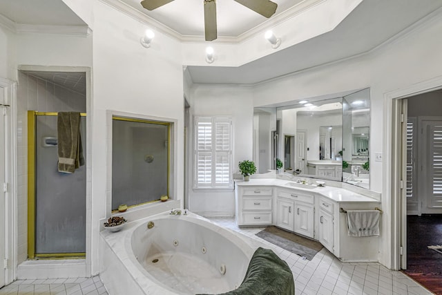 2926 Deer Creek Dr, Sugar Land, TX 77478 - bathroom featuring ornamental molding, a shower stall, vanity, a whirlpool tub, and tile patterned floors