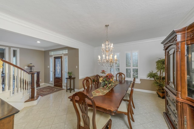 2926 Deer Creek Dr, Sugar Land, TX 77478 - dining space with light tile patterned floors, a chandelier, stairs, crown molding, and baseboards