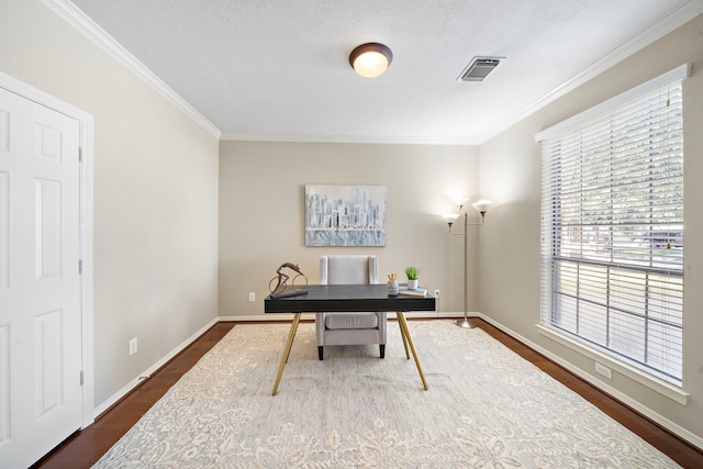 6123 Cameron Ct, League City, TX 77573 - home office with dark wood-style flooring, ornamental molding, baseboards, and visible vents
