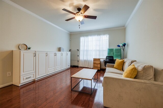 2255 Braeswood Park Dr Unit 294, Houston, TX 77030 - living area featuring dark wood-type flooring, crown molding, ceiling fan, and baseboards