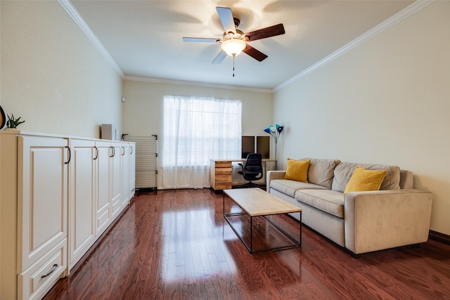 2255 Braeswood Park Dr Unit 294, Houston, TX 77030 - living area with ornamental molding, a ceiling fan, dark wood-style floors, and an office area