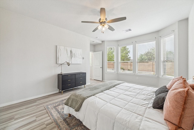 15039 Eves Necklace Ct, Cypress, TX 77433 - bedroom featuring light wood-type flooring, visible vents, baseboards, and ceiling fan
