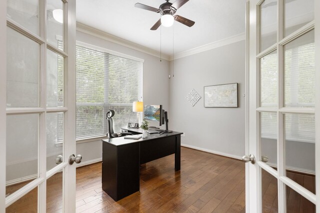 office area with french doors, dark wood-style flooring, crown molding, and a wealth of natural light