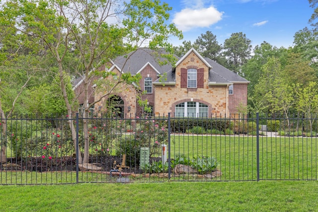 view of front facade featuring brick siding, fence private yard, a shingled roof, and a front lawn