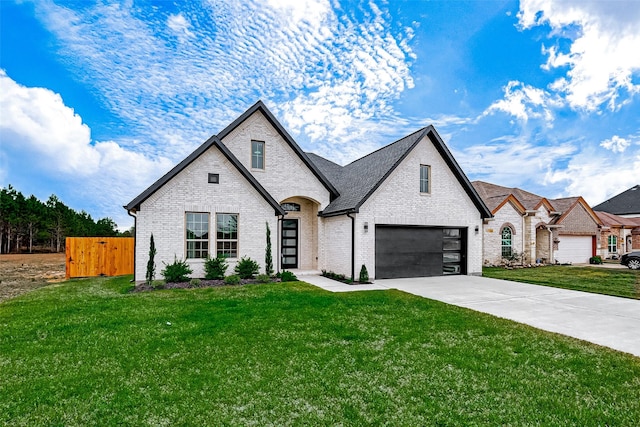 french country style house with fence, an attached garage, concrete driveway, brick siding, and a front lawn
