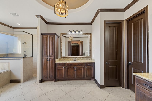 12606 Mostyn Ct, Magnolia, TX 77354 - bathroom featuring an inviting chandelier, a walk in shower, visible vents, and tile patterned floors
