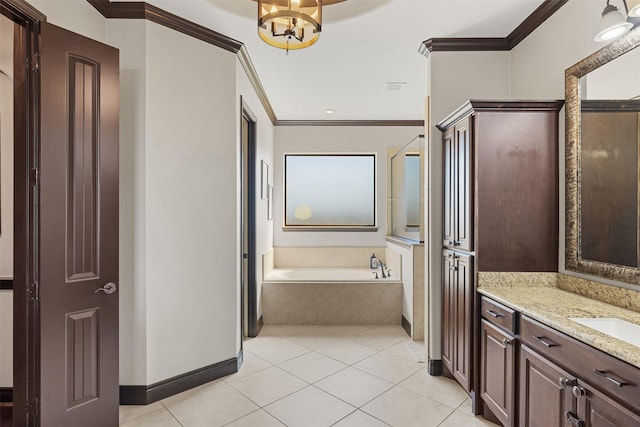 12606 Mostyn Ct, Magnolia, TX 77354 - bathroom with a bath, tile patterned flooring, vanity, crown molding, and a chandelier