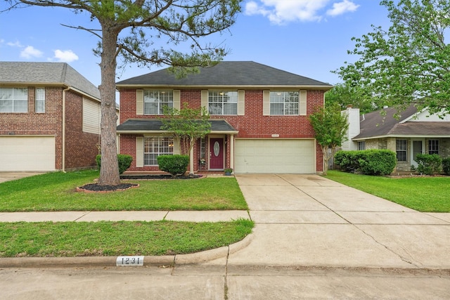 1231 Kings Creek Trl, Missouri City, TX 77459 - view of front facade featuring brick siding, an attached garage, a front lawn, and concrete driveway