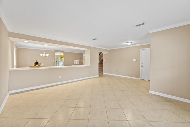 1231 Kings Creek Trl, Missouri City, TX 77459 - spare room with crown molding, visible vents, light tile patterned flooring, stairs, and baseboards