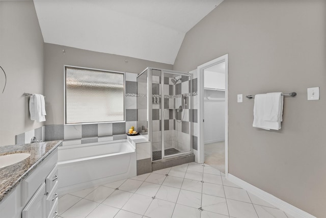 1231 Kings Creek Trl, Missouri City, TX 77459 - full bathroom with a garden tub, a shower stall, vanity, tile patterned flooring, and vaulted ceiling