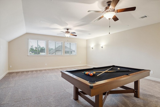 31021 Harvest Meadow Ln, Spring, TX 77386 - recreation room featuring carpet, ceiling fan, billiards table, and vaulted ceiling