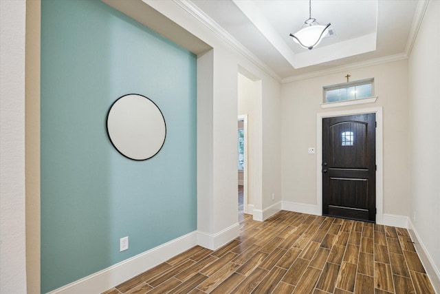 31021 Harvest Meadow Ln, Spring, TX 77386 - foyer entrance featuring dark wood finished floors, a tray ceiling, and healthy amount of natural light