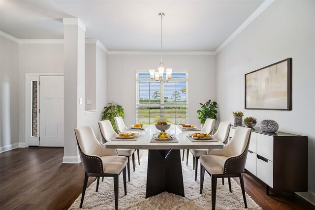 4214 Leslies Way, Dickinson, TX 77539 - dining space with a chandelier, dark wood-type flooring, crown molding, and baseboards