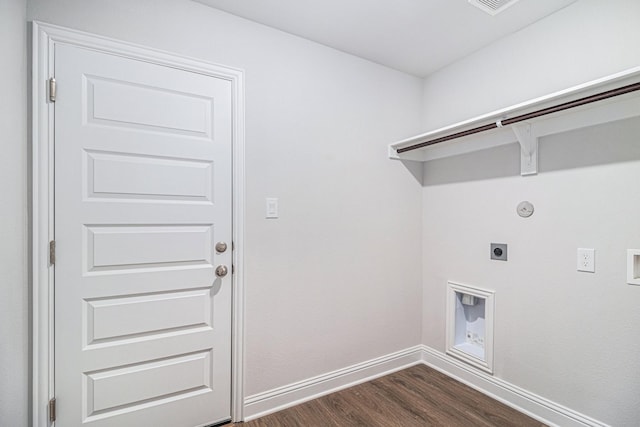 4214 Leslies Way, Dickinson, TX 77539 - laundry area with hookup for an electric dryer, dark wood-style floors, baseboards, gas dryer hookup, and washer hookup