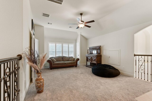 1002 Timberland Bay Ct, Pinehurst, TX 77362 - living area with visible vents, ceiling fan, carpet flooring, and lofted ceiling