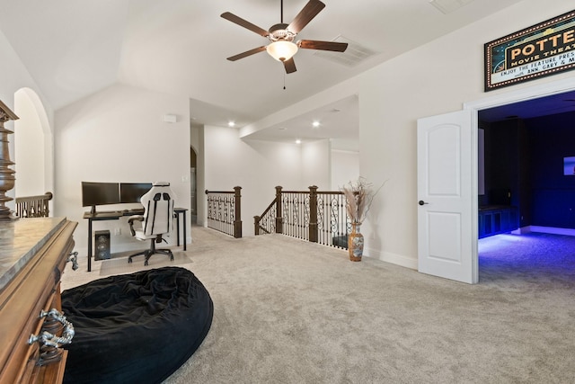 1002 Timberland Bay Ct, Pinehurst, TX 77362 - office space with ceiling fan, arched walkways, visible vents, carpet flooring, and lofted ceiling