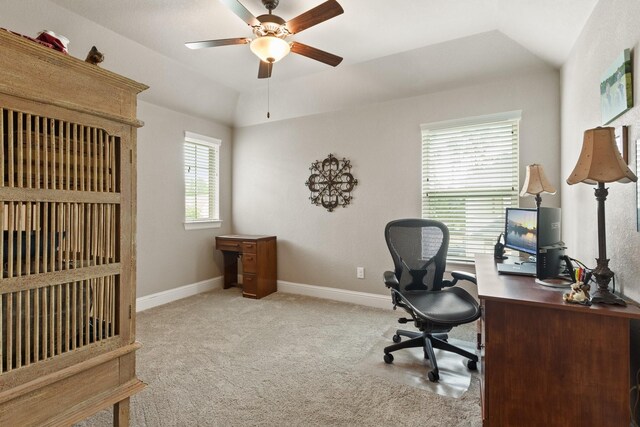 1002 Timberland Bay Ct, Pinehurst, TX 77362 - office with baseboards, a ceiling fan, carpet flooring, and vaulted ceiling