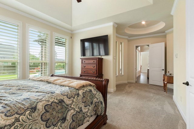 1002 Timberland Bay Ct, Pinehurst, TX 77362 - bedroom with baseboards, ornamental molding, light carpet, a ceiling fan, and a raised ceiling
