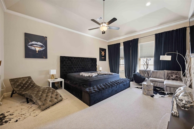 bedroom with visible vents, carpet floors, ornamental molding, and a ceiling fan