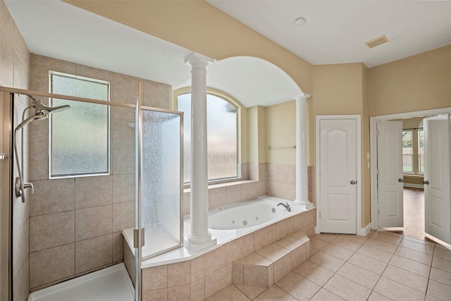 11812 Sea Shadow Bnd, Pearland, TX 77584 - full bathroom with plenty of natural light, a stall shower, and decorative columns