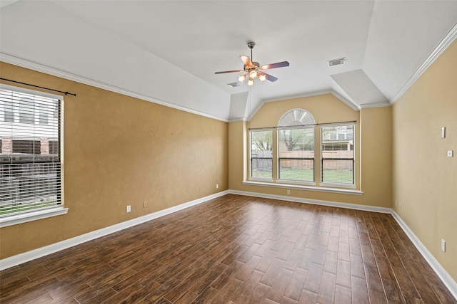 11812 Sea Shadow Bnd, Pearland, TX 77584 - unfurnished room with ceiling fan, lofted ceiling, dark wood-style floors, and ornamental molding