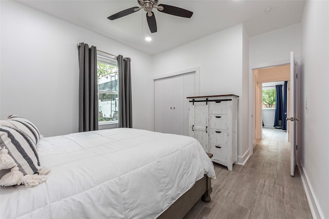 bedroom featuring multiple windows, light wood-type flooring, and baseboards