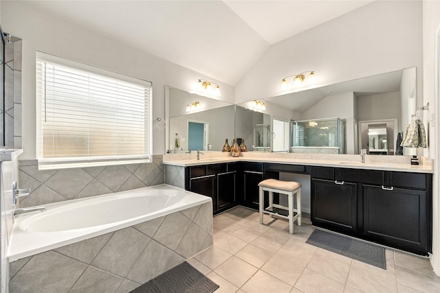 149 Sunray Creek Dr, Katy, TX 77493 - bathroom with a bath, vanity, a stall shower, vaulted ceiling, and tile patterned flooring