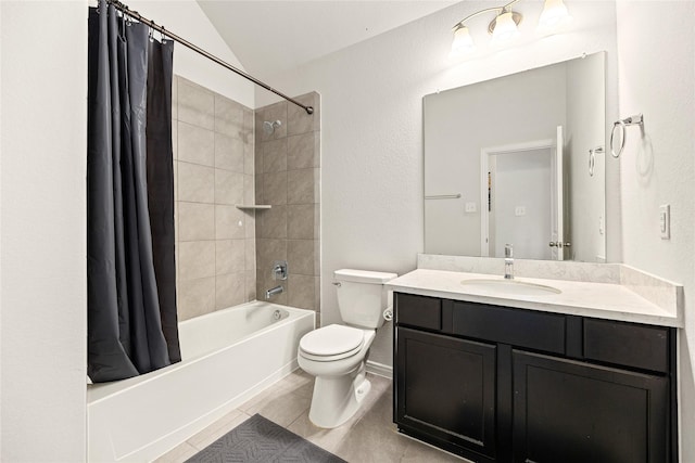 149 Sunray Creek Dr, Katy, TX 77493 - full bathroom with vanity, lofted ceiling, toilet, tile patterned floors, and shower / bath combination with curtain