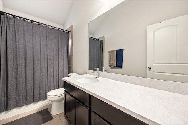 149 Sunray Creek Dr, Katy, TX 77493 - full bathroom featuring tile patterned floors, vanity, toilet, and vaulted ceiling