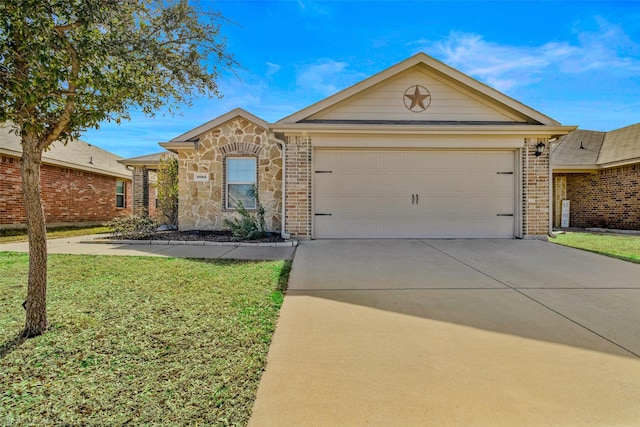 1056 Decker Dr, Fate, TX 75189 - ranch-style house with a front lawn, stone siding, an attached garage, and concrete driveway