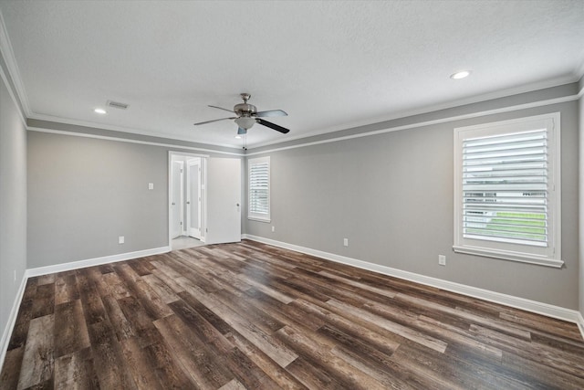 1613 Willow View St, La Porte, TX 77571 - spare room with crown molding, dark wood-style flooring, baseboards, a ceiling fan, and recessed lighting