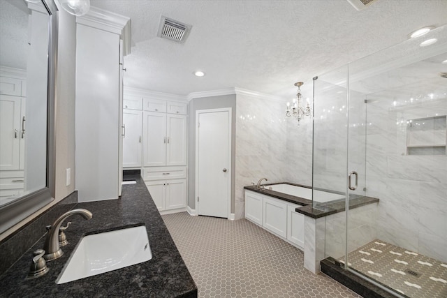 1613 Willow View St, La Porte, TX 77571 - bathroom with ornamental molding, a garden tub, a stall shower, recessed lighting, and a textured ceiling