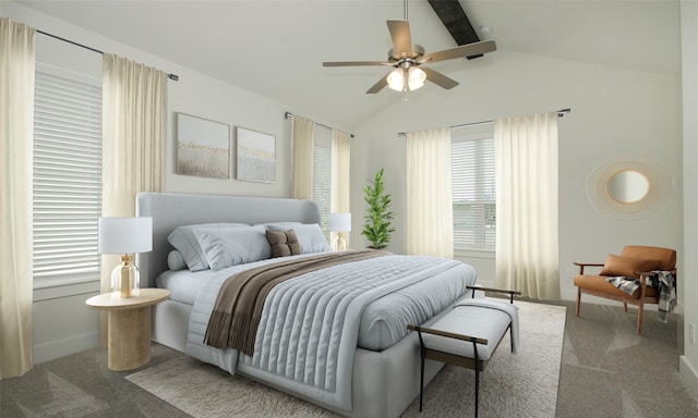 carpeted bedroom featuring baseboards, vaulted ceiling with beams, and a ceiling fan