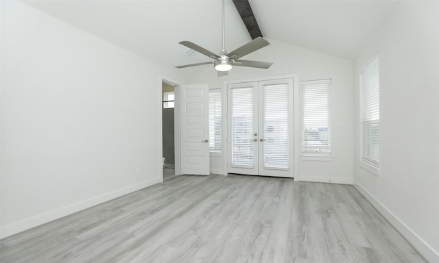 119 E 43rd St Unit A, Houston, TX 77018 - unfurnished room featuring baseboards, ceiling fan, wood finished floors, french doors, and vaulted ceiling with beams