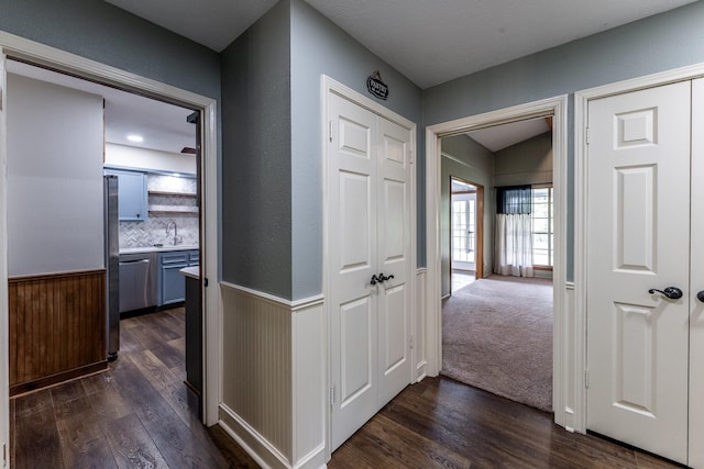 hallway with wainscoting, dark wood-style flooring, and a sink